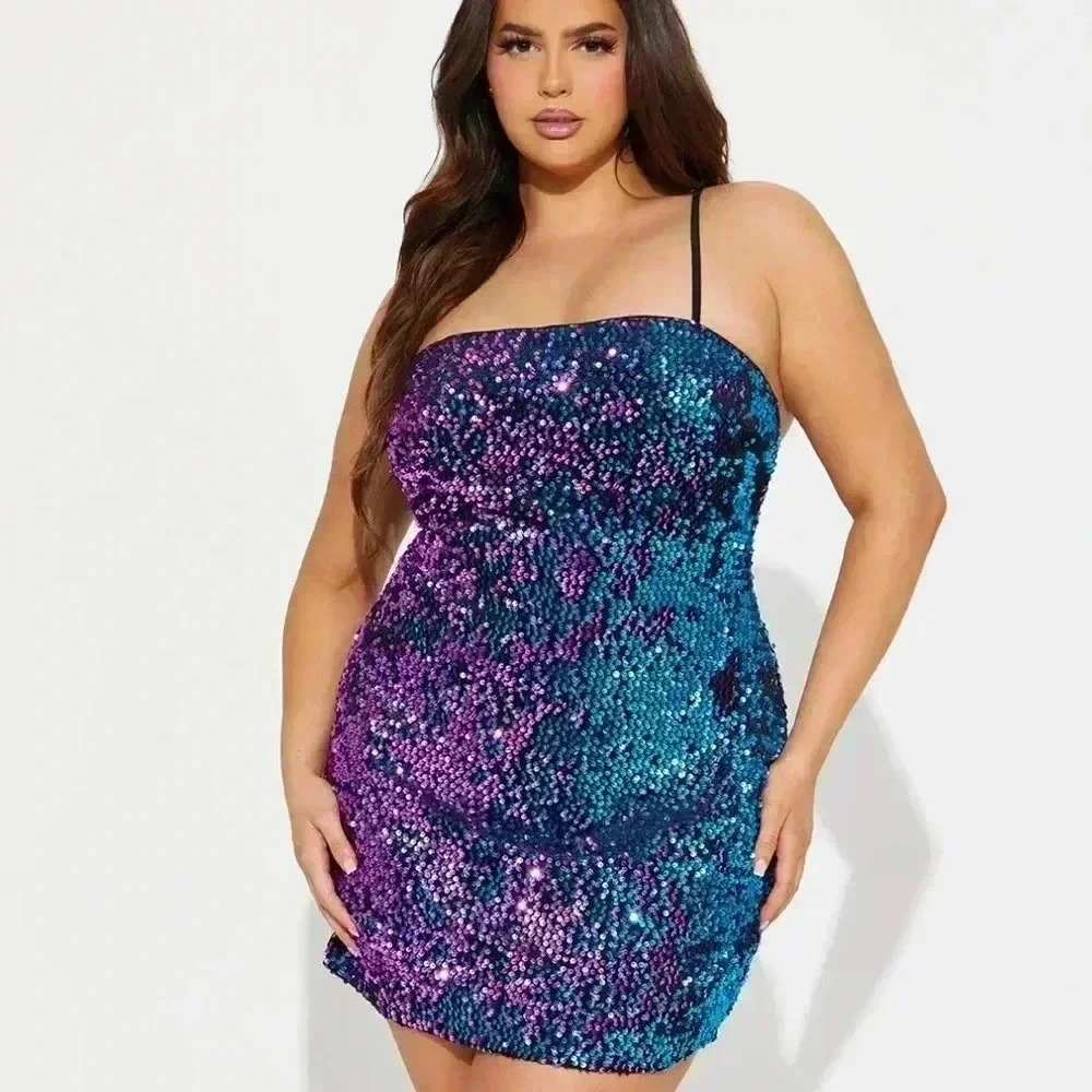 NWT! Small SHOWGIRL Bright Light Sequin Mini Dress Purple Combo - Picture 3 of 6
